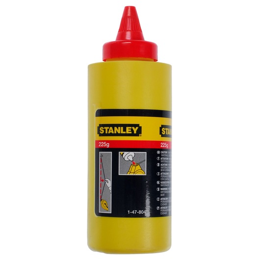 STANLEY 1-47-804 gele kalkpoederfles, 225g, met rode dop, vooraanzicht, voor het markeren van lijnen.