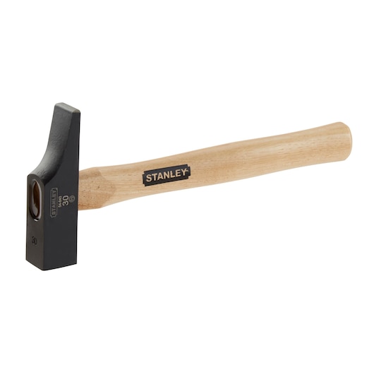 STANLEY 1-54-643 metselaars hamer zwart en hout, zijaanzicht, houten handvat, zichtbaar logo.