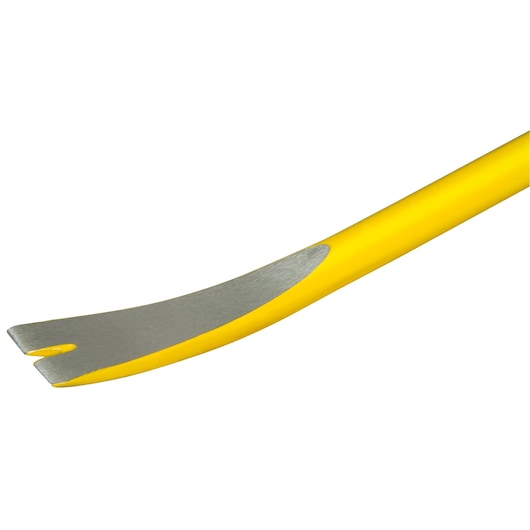 STANLEY 1-55-504 pied-de-biche avec manche jaune et extrémité métallique polie, gros plan en angle sur fond blanc.
