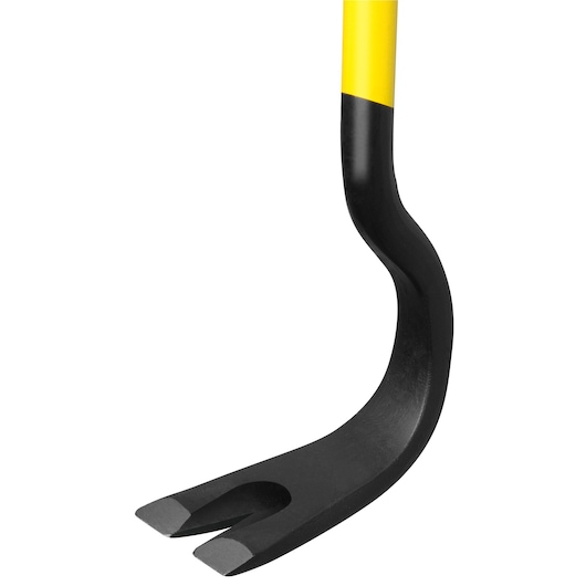 Pied-de-biche STANLEY 1-55-504, finition jaune et noire, gros plan sur l’extrémité à griffe sur fond blanc.