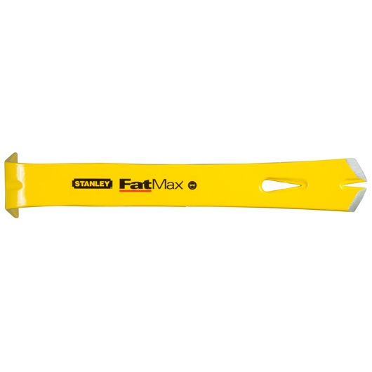 STANLEY 1-55-516 koevoet, gele FatMax uitvoering, plat stalen gereedschap met schuine uiteinden, zijaanzicht, witte achtergrond.
