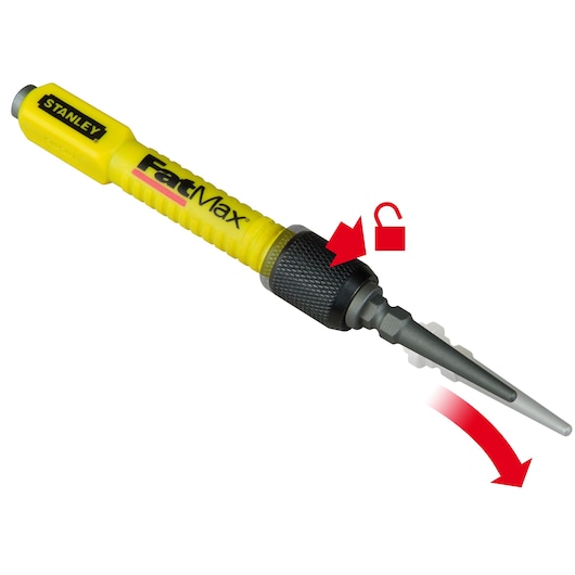 STANLEY 1-58-501 FatMax gele afbraamtool met zwart handvat, op witte achtergrond, rood ontgrendelingspictogram.