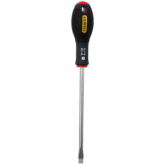 STANLEY 1-65-138 platte schroevendraaier met zwart-rood handvat, frontaal, fotografieproduct.