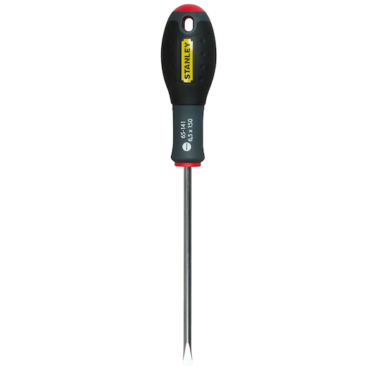 STANLEY 1-65-141 tournevis plat avec poignée ergonomique noire, vue de face, fond blanc.