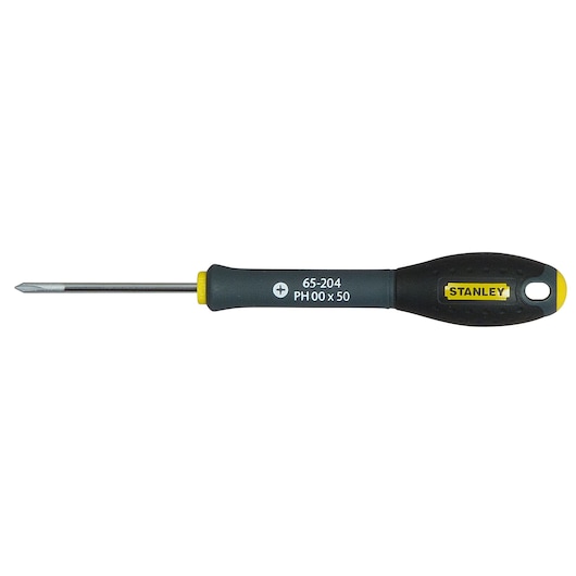 Tournevis cruciforme de précision STANLEY 1-65-204 avec manche noir et jaune, vue latérale sur fond blanc.