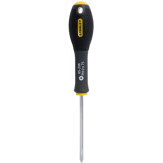 STANLEY 1-65-206 tournevis Phillips avec poignée noire et jaune, angle avant, fond blanc.