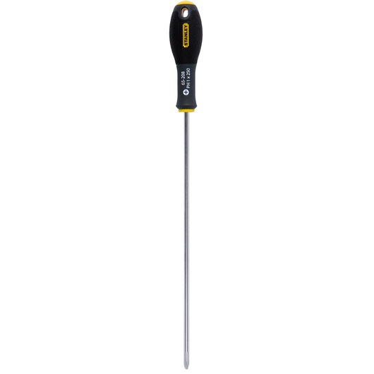 Tournevis Phillips Stanley avec manche noir et tige longue en métal, conçu pour vis cruciformes.