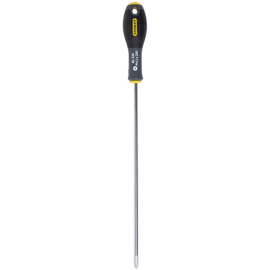 STANLEY 1-65-224 Phillips schroevendraaier met lange chromen schacht en zwart-gele ergonomische handgreep, vooraanzicht op wit.