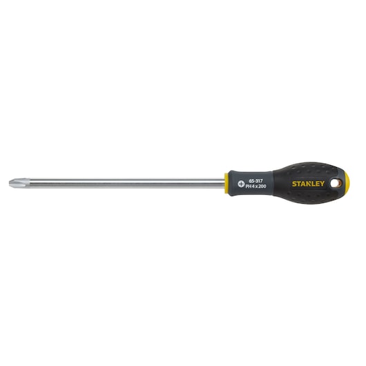 Tournevis cruciforme STANLEY 1-65-317 avec poignée noire et jaune, tige longue, vue latérale, fond blanc.