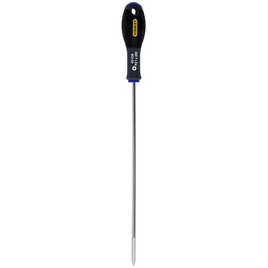 STANLEY 1-65-336 lange Phillips schroevendraaier met zwarte handgreep, frontale hoek, witte achtergrond.