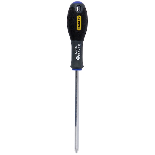 STANLEY 1-65-337 Pozidriv-schroevendraaier met zwarte handgreep, frontaal, op witte achtergrond.