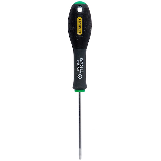 STANLEY 1-65-340 Torx-schroevendraaier met zwart-groene handgreep, TT10x75, vooraanzicht op witte achtergrond.