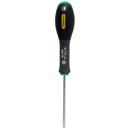 STANLEY 1-65-395 Torx-schroevendraaier met zwart-groene handgreep, vooraanzicht, witte achtergrond.
