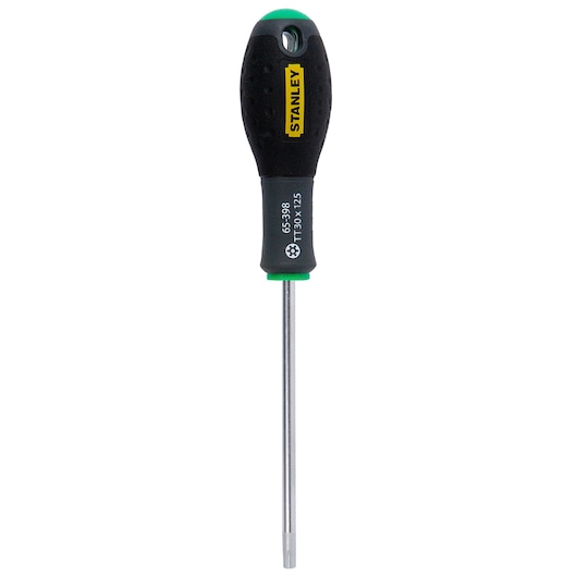 Tournevis Torx STANLEY 1-65-398 avec poignée ergonomique noire et verte, vue de face sur fond blanc.