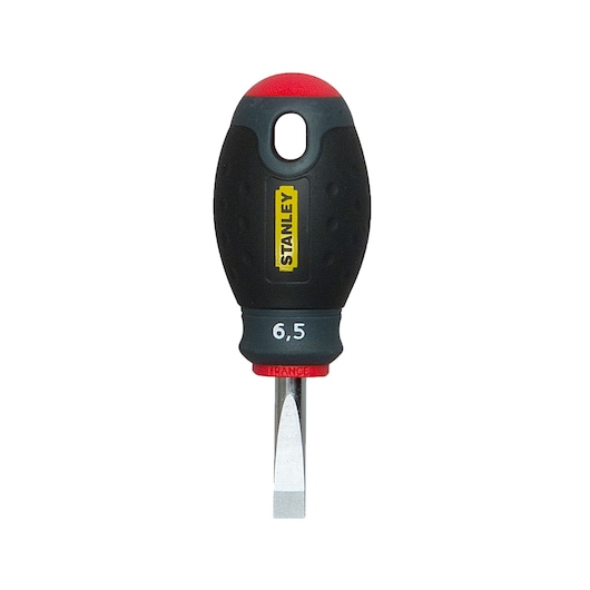 STANLEY 1-65-404 korte platte schroevendraaier, zwart-rood handvat, vooraanzicht op witte achtergrond.