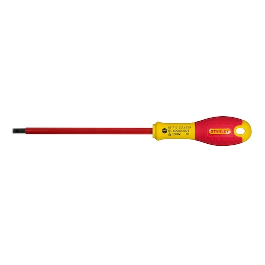 STANLEY 1-65-413 geïsoleerde platte schroevendraaier, rood-gele handgreep, zijaanzicht, witte achtergrond.