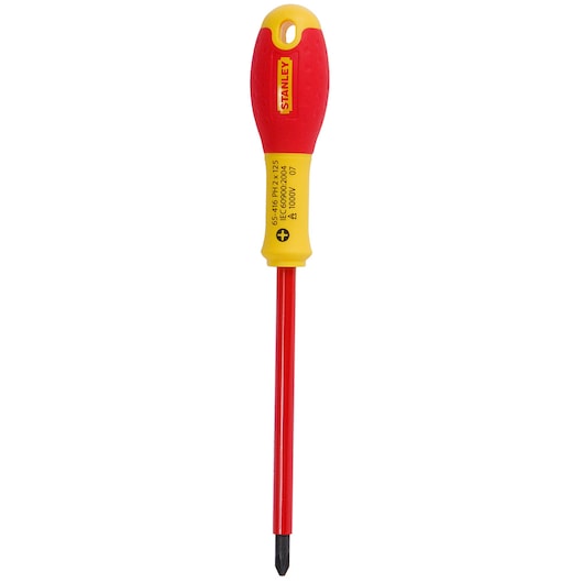 STANLEY 1-65-416 tournevis Phillips isolé à poignée rouge et jaune, vue de face.