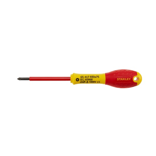 STANLEY 1-65-417 geïsoleerde Pozidriv-schroevendraaier met rood-geel handvat, zijaanzicht, witte achtergrond.