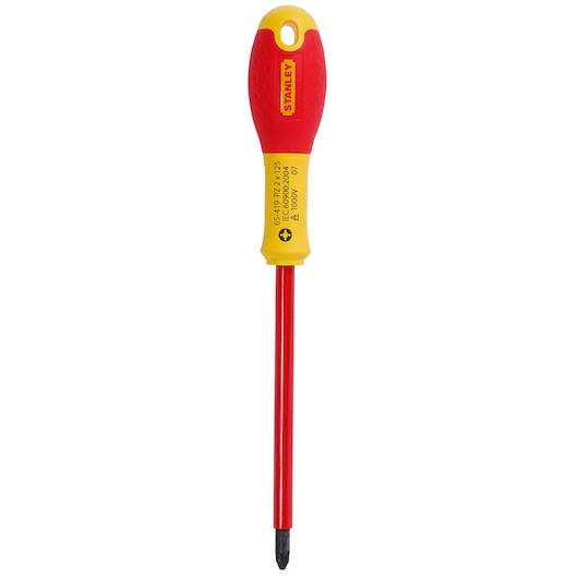 Tournevis isolé Phillips STANLEY 1-65-419 avec poignée rouge et jaune, photo du produit sur fond blanc.