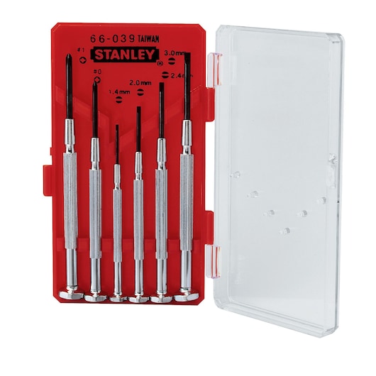 STANLEY 1-66-039 precisieschroevendraaierset in rood plastic doosje, zes metalen schroevendraaiers, doosje open, vooraanzicht.