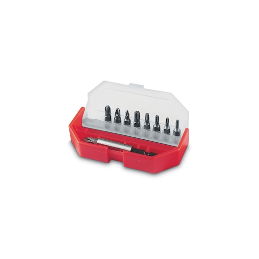 STANLEY 1-68-724 coffret d’embouts de tournevis en boîtier plastique rouge avec couvercle transparent, photo vue de dessus.