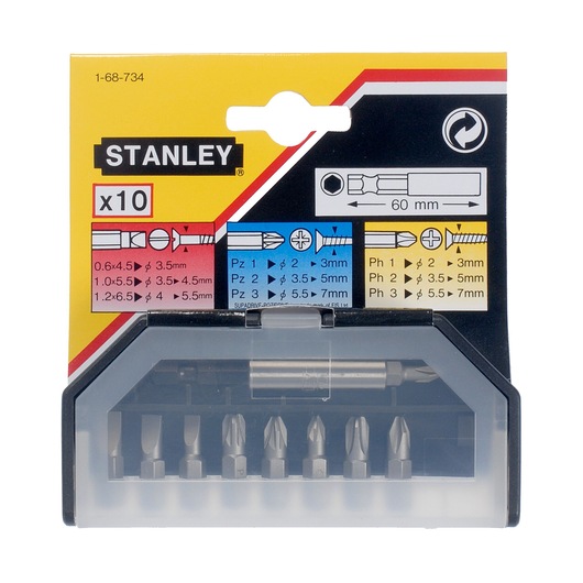 STANLEY 1-68-734 schroefbitset, 10-delig met diverse bits in transparante verpakking, voorkant.