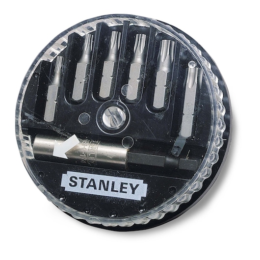STANLEY 1-68-739 bitset in ronde, transparante koffer, meerdere schroefbits vooraanzicht.