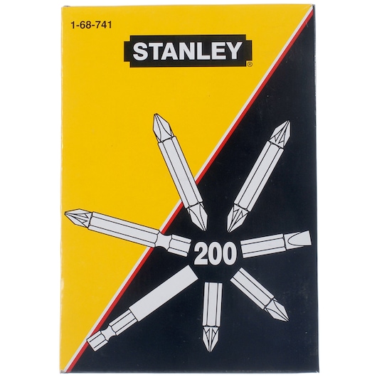 STANLEY 1-68-741 doos met 200 schroefbits, gele en zwarte verpakking, foto van voorkant.