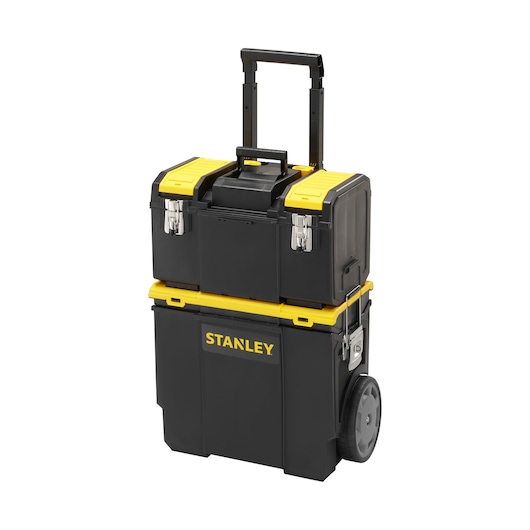 STANLEY 1-70-326 verrijdbare gereedschapskist met zwarte en gele stapelbare vakken, vooraanzicht op witte achtergrond.
