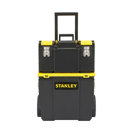 STANLEY 1-70-326 mobiele gereedschapskist zwart-geel, fotografie, voorkant op witte achtergrond.