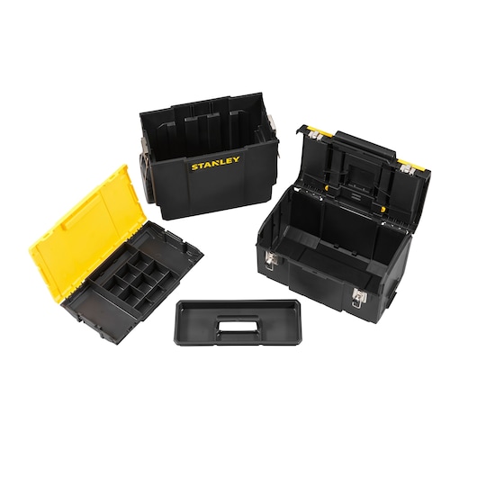 STANLEY 1-70-326 zwarte en gele modulaire gereedschapskist set open getoond van boven.