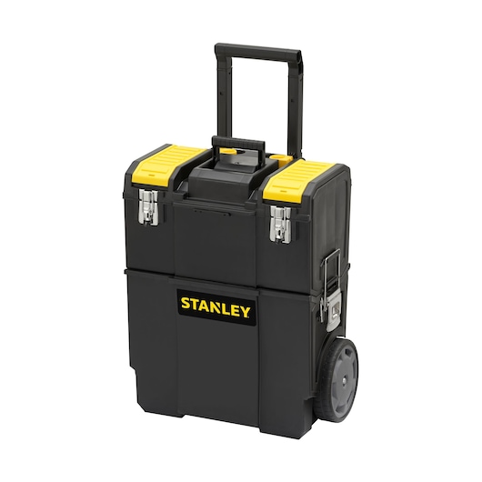 STANLEY 1-70-327 verrijdbare gereedschapskist, zwart met gele deksels, grote wielen, vooraanzicht op witte achtergrond.