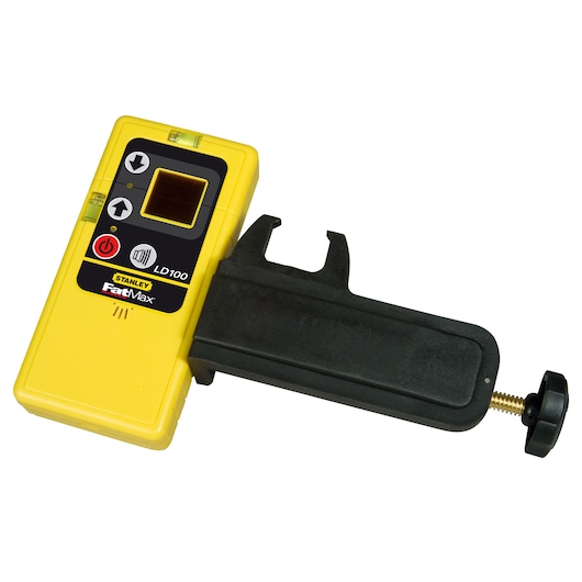 Stanley 1-77-023 gele laserontvanger met klem, frontaal op witte achtergrond.