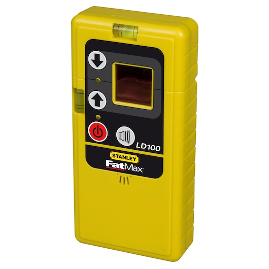Foto van de gele STANLEY 1-77-121 FatMax laserdetector, vooraanzicht met bedieningsknoppen en display.