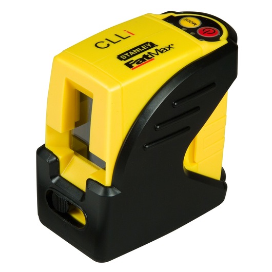 STANLEY 1-77-123 FatMax laserwaterpas, geel en zwart, schuine vooraanzicht op witte achtergrond.