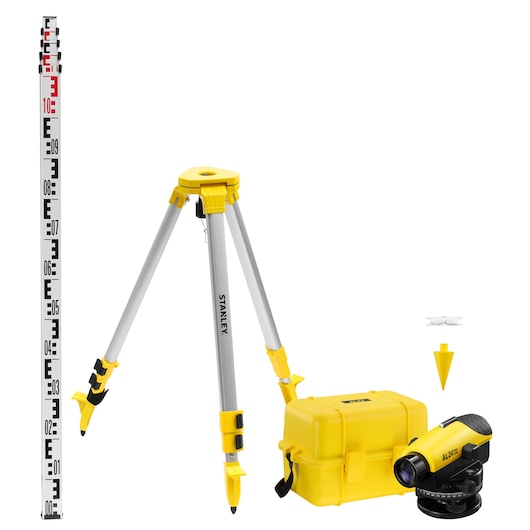 Photographie du kit de nivellement STANLEY 1-77-160 avec trépied, mire, valise et niveau optique sur fond blanc.