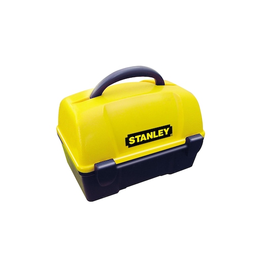 STANLEY 1-77-160 hard plastic gereedschapskist geel-zwart met handvat, voorkant op witte achtergrond.