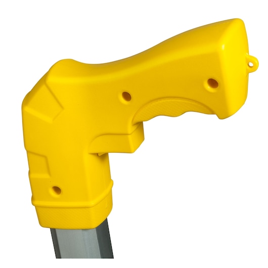STANLEY 1-77-174 photographie de poignée en plastique jaune avec prise et trous, gros plan sur fond blanc.