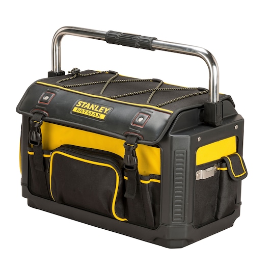 Sac à outils STANLEY 1-79-213 avec base rigide, jaune et noir, angle avant sur fond blanc.
