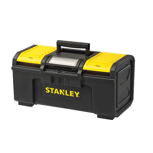 STANLEY 1-79-217 boîte à outils en plastique noir et jaune avec loquet en métal, angle avant, fond blanc.