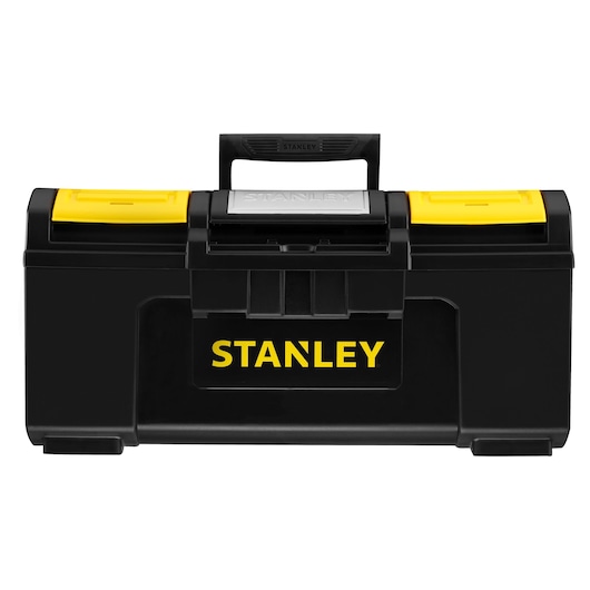 STANLEY 1-79-217 boîte à outils noire avec loquets jaunes et poignée, photographie frontale sur fond blanc.