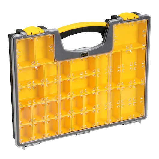 STANLEY 1-92-748 boîte organiseur en plastique jaune et transparent, angle avant, poignée et plusieurs compartiments.