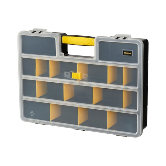 Boîte organisatrice en plastique STANLEY 1-92-762 avec poignée jaune et plusieurs compartiments, vue de face.