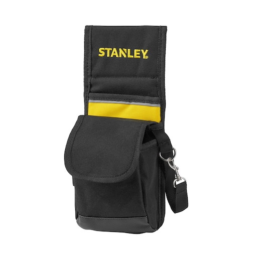 Photo de la pochette à outils noire et jaune STANLEY 1-93-329, vue de face, avec rabat et clip métallique.