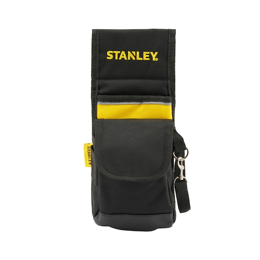 Vooraanzicht van STANLEY 1-93-329 zwart-gele gereedschapstas met flap, zak en sleutelclip.