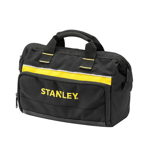 STANLEY 1-93-330 gereedschapstas, zwart stof met gele streep, vooraanzicht op witte achtergrond.