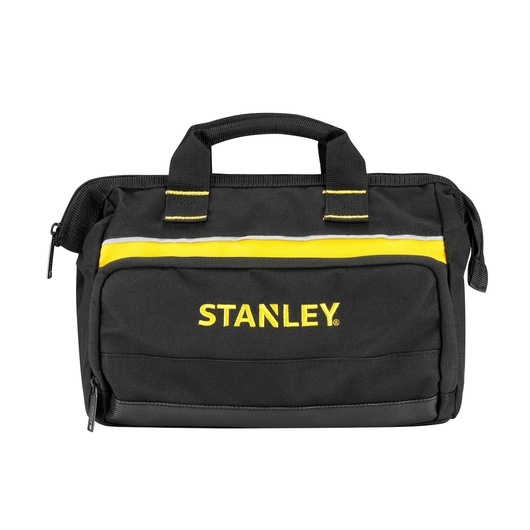 STANLEY 1-93-330 gereedschapstas, zwart textiel met gele streep, vooraanzicht op witte achtergrond.