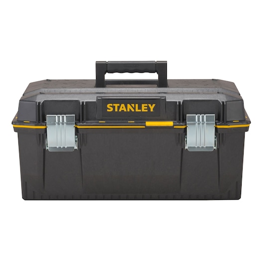 STANLEY 1-93-935 zwarte gereedschapskist met metalen sluitingen en handvat, vooraanzicht, fotografie.