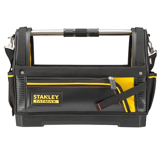 STANLEY 1-93-951 gereedschapstas, zwart en geel, vooraanzicht, open bovenkant met metalen handvat.