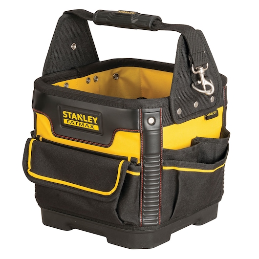STANLEY 1-93-952 gereedschapstas, geel en zwart, vooraanzicht, verstevigde handgreep, meerdere vakken.